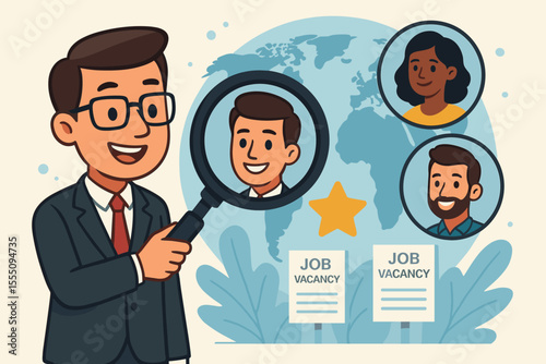 Human resources manager searching for top talent, recruitment process, global job vacancy, candidate selection, magnifying glass, diverse workforce, international hiring, vector illustration