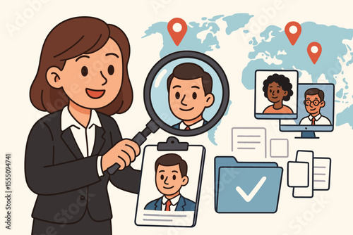 Human resources manager searching for top talent, recruitment process, global job candidate selection, resume review, hiring, international workforce, HR analytics, vector cartoon illustration