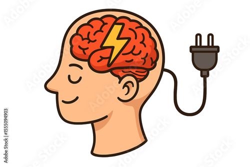 Human brain charging concept, productivity boost, mental energy, creativity power, electric plug, lightning bolt, cartoon vector illustration, motivation, mind recharge, cognitive enhancement