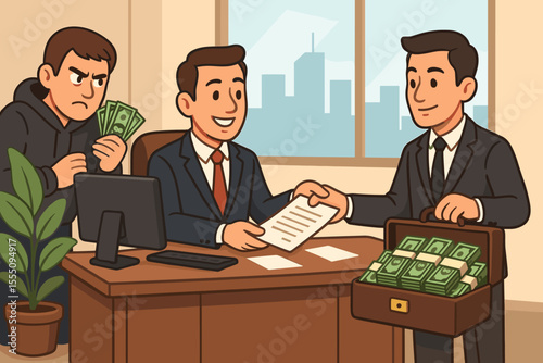 Money laundering scheme disguised as business transaction. Vector cartoon illustration of illegal financial activity, bribery, corruption, cash exchange, secret deal, corporate office crime concept