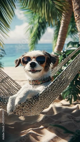 Relaxing dog enjoys sunny beach day in hammock with sunglasses