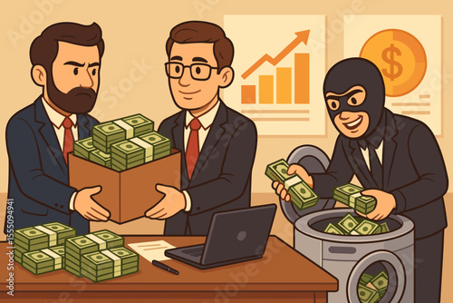 Money laundering scheme vector illustration. Cartoon businessmen exchanging cash, criminal in mask using washing machine for illegal funds, financial crime, corruption, fraud, bribery, business scam