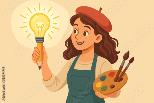 Creative Female Artist Holding Glowing Light Bulb Pencil, Art Palette and Brushes, Inspiration and Imagination, Innovative Idea, Artistic Creativity Concept, Vector Cartoon Illustration