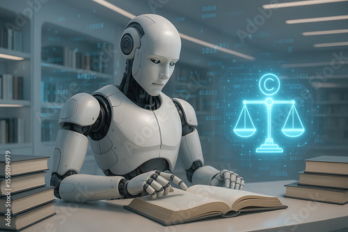 Robot reading law book with copyright symbol