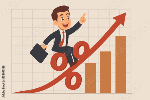 Businessman Riding Percentage Symbol on Upward Financial Graph, Growth Success Concept, Investment Return Increase, Profitable Strategy, Cartoon Vector Illustration, Rising Bar Chart Background