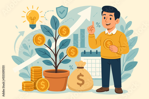 Financial growth investment strategy concept. Money tree with gold coins, businessman, savings bag, stack of coins, upward arrow, calendar, bar chart. Wealth management, economic success vector