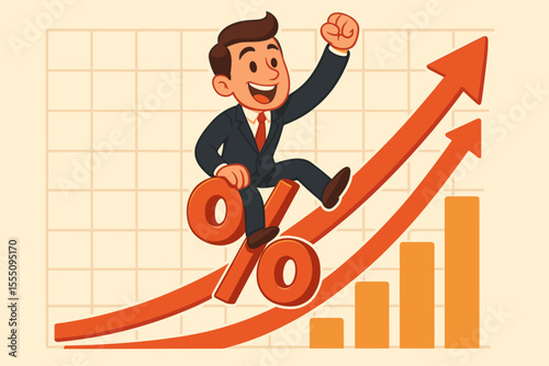 Businessman Riding Percentage Symbol on Upward Financial Growth Chart, Success in Investment, Rising Profits, Economic Progress, Cartoon Vector Illustration, Finance Concept, Market Increase
