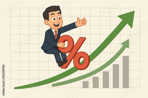 Businessman Riding Percentage Symbol on Upward Financial Graph, Growth Chart, Increasing Profits, Investment Returns, Stock Market Success, Economic Progress, Vector Cartoon Illustration