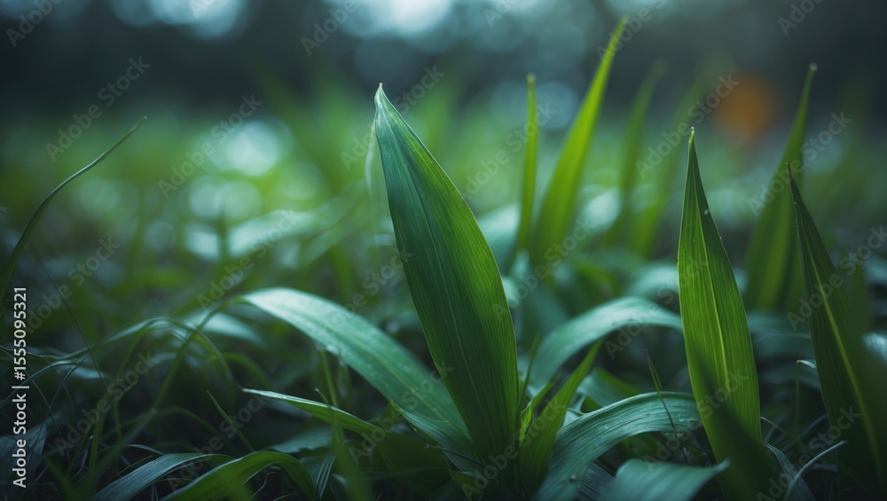 Fototapeta premium Lush green grass plants with long leaves in a natural outdoor setting.