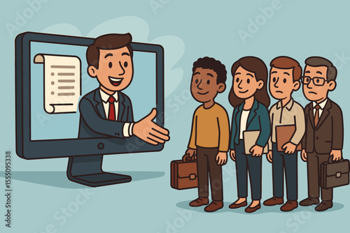 Diverse job seekers lining up for employment opportunity, online recruitment, digital hiring process, business people handshake through computer screen, vector cartoon illustration