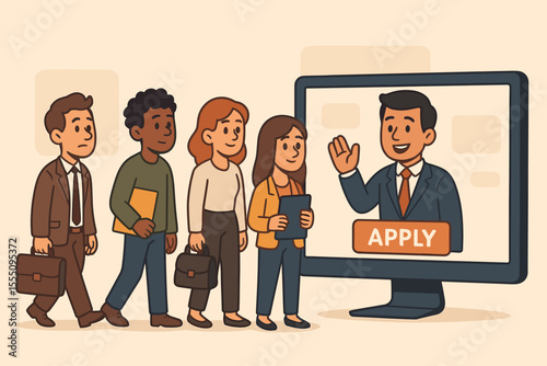 Diverse job seekers waiting in line for employment opportunity, online recruitment, digital hiring process, business people applying for work through computer screen, vector cartoon illustration