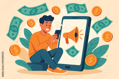 Young man making money online with mobile marketing, digital advertising, remote work, freelance income, smartphone, earning cash, financial success, online business, vector illustration