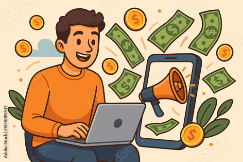Remote work online income concept. Man using laptop for digital marketing, mobile advertising, earning money online. Financial success, freelance business, passive income, cartoon vector illustration