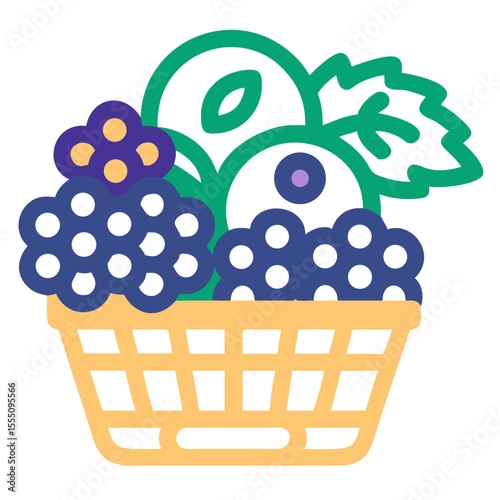 Colorful Fruit Basket Illustration with Grapes and Berries for Summer Recipes, Jam Production, Healthy Eating Websites, and Seasonal Food Blogs  