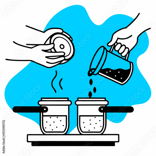 Jam Preparation Process with Hands Pouring Ingredients into Jars on a Bright Background for Cooking Blogs, Recipe Websites, Food Education, and Summer Jam Awareness  