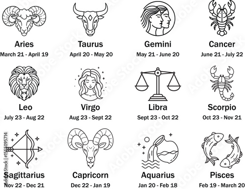 Full Set of Zodiac Signs with Symbols and Dates
Complete Astrology Chart – All 12 Horoscope Signs
Zodiac Sign Collection – Icons and Birth Dates
Astrological Symbols of the 12 Zodiac Signs