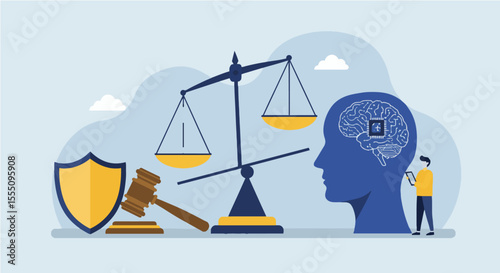 AI Ethics, Regulation, and Legal Compliance in Technology. Traditional justice symbols (scale, gavel, shield) emphasize AI regulation, ethics, & data protection, with human oversight.
