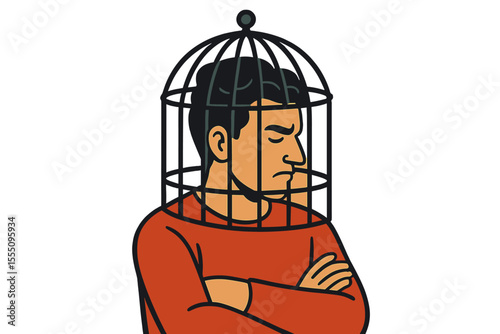 Concept mental imprisonment, limited perspective, person trapped in cage of own thoughts, psychological confinement, emotional isolation, restricted mindset, vector cartoon illustration