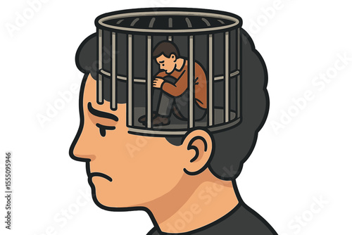 Mental imprisonment concept, person trapped inside head cage, limited perspective, prisoner of own thoughts, psychological restriction, self-doubt, mental health vector cartoon illustration