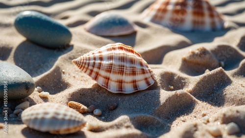 Shells on the sand with pebbles, close-up view. Nature and beach, concept. Seashells and stones. The concept of beach scenery and marine life.