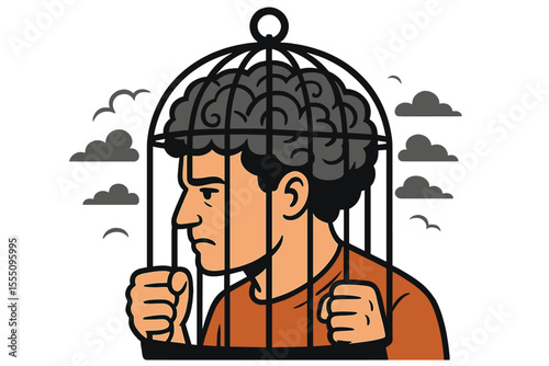 Concept of mental imprisonment, person trapped in brain-shaped cage symbolizing anxiety, depression, limited perspective, negative thoughts, psychological barriers, emotional struggle, isolation