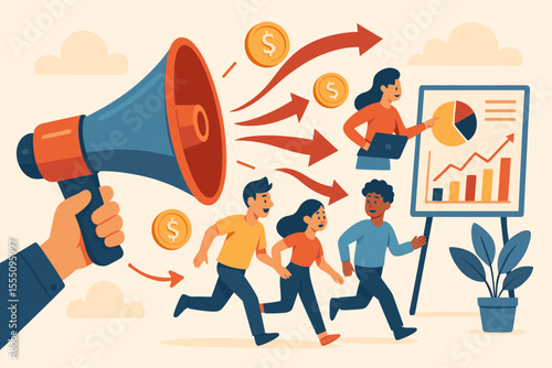 Media Influence and Misinformation Concept. People Consuming Manipulated News, Deceptive Information, Viral Marketing, Social Media Impact, Fake News Awareness, Vector Illustration