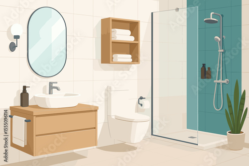Modern minimalist bathroom interior vector. Bright clean design with shower, toilet, sink, mirror, wooden cabinet, towels, plant, glass partition. Contemporary home washroom illustration