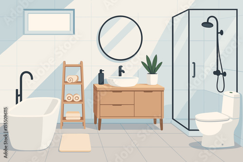 Modern minimalist bathroom interior vector. Bright clean design with bathtub, shower, toilet, vanity, round mirror, plant, towels, wooden shelves. Contemporary home decor illustration