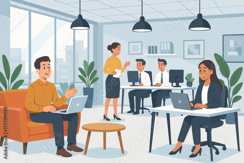 Modern office workspace with open plan design, diverse business professionals working on laptops and computers, teamwork, corporate meeting, productivity, contemporary interior, plants, illustration