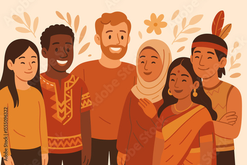 Multicultural diversity group illustration. Ethnic diversity, cultural inclusion, international unity, people in traditional clothing, global community, teamwork, harmony, friendship vector art