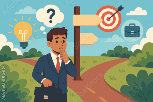 Businessman Decision Making at Career Crossroads. Strategic Choices, Opportunity, Success, Direction, Goal Achievement. Vector Illustration with Briefcase, Signpost, Lightbulb, Target, Pathway Concept