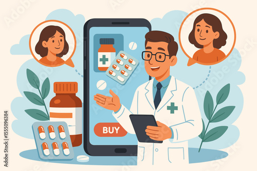 Online pharmacy consultation concept. Pharmacist talking to patients via mobile app. Medication delivery, prescription drugs, telemedicine, digital healthcare service. Vector illustration