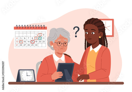 A compassionate caregiver supports a confused elderly woman who is struggling with memory loss, indicated by a question mark and difficulty tracking dates on a calendar. Vector Illustration