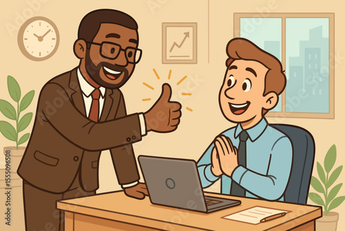 Business manager giving thumbs up to happy employee in office, motivation, encouragement, positive feedback, team success, workplace approval, cartoon vector illustration, corporate achievement