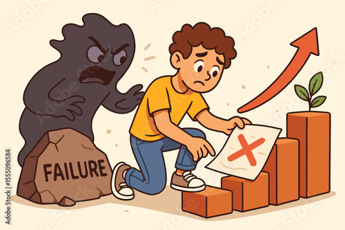 Fear of Failure Concept. Sad Beginner Learns from Mistakes. Growth Mindset, Overcoming Setbacks, Personal Development. Cartoon Boy, Shadow Monster, Success Progress, Motivation Vector Illustration