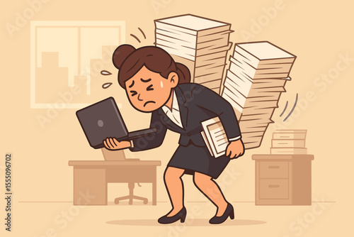 Stressed businesswoman overwhelmed by heavy workload, carrying stacks of paperwork, feeling exhausted and overworked in office. Job stress, burnout, office pressure, mental health concept illustration