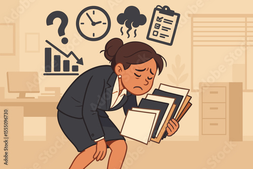 Stressed businesswoman overwhelmed by heavy workload, office burnout, time pressure, declining performance, paperwork overload, anxiety, mental health, stress management, corporate exhaustion