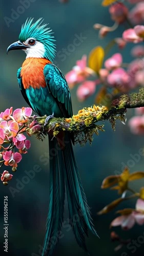 Colorful bird perched on a branch surrounded by pink flowers in a vibrant natural setting