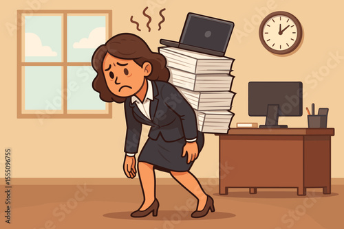 Exhausted businesswoman overwhelmed by heavy workload, carrying stacks of paperwork and laptop, stressed and fatigued in office environment. Burnout, overwork, job stress, corporate pressure concept