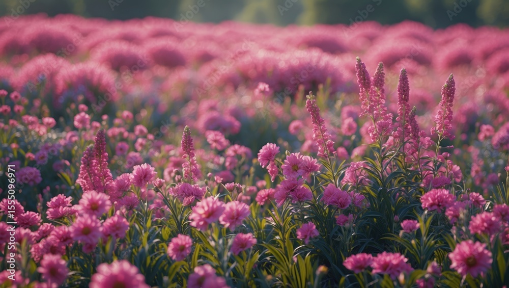 Obraz premium A field of pink flowers with numerous pink blooms and green foliage in the background.