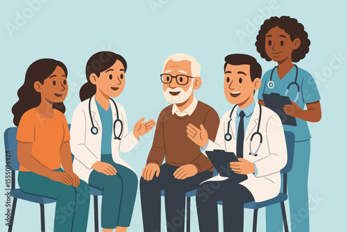 Multicultural healthcare team consultation with patient and family. Doctors, nurses, medical professionals discussing diagnosis, treatment plan, support, teamwork. Hospital clinic vector illustration