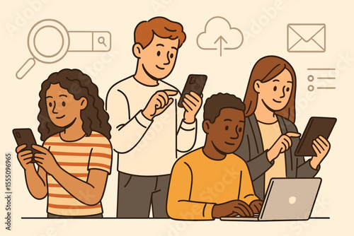 Diverse group of people using smartphones, tablets, and laptops for online search, digital communication, cloud storage, teamwork, internet browsing, technology, cartoon vector illustration