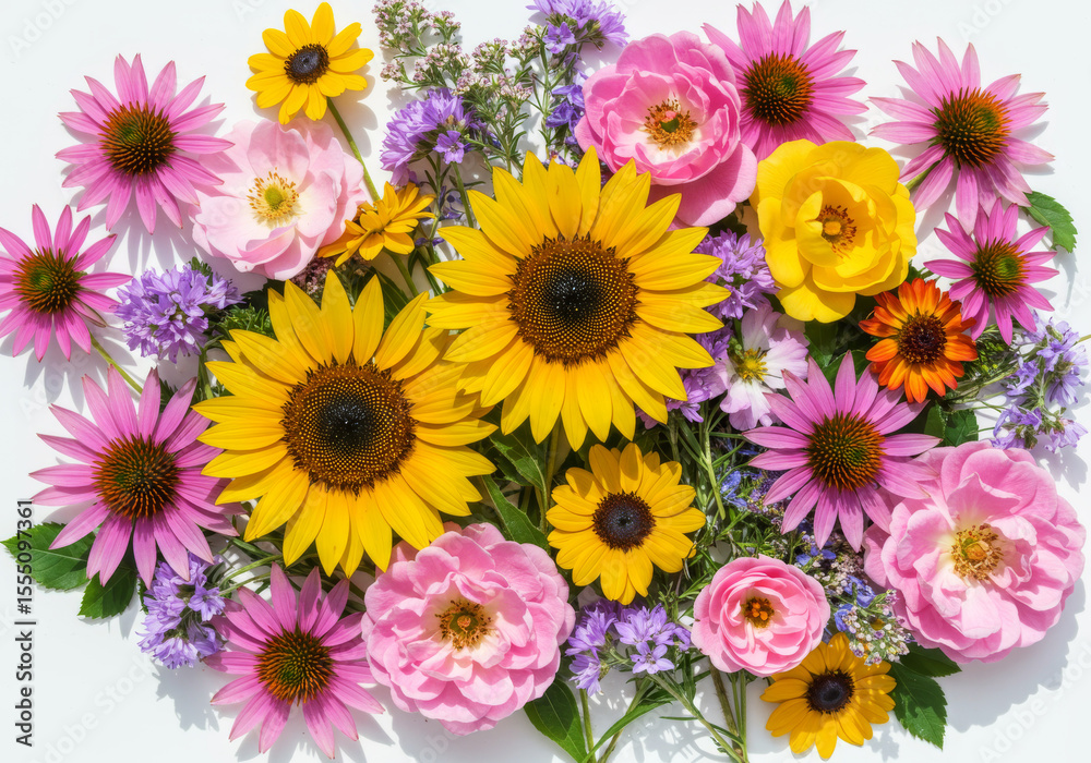 Naklejka premium A vibrant floral arrangement featuring sunflowers, echinacea, and roses on a white background