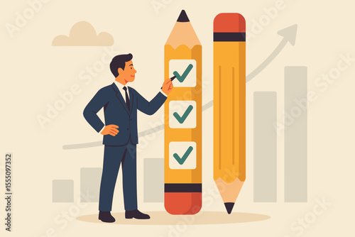 Businessman Checking Off Goals on Giant Pencil, Career Growth, Skill Improvement, Productivity Checklist, Success Progress, Professional Development, Achievement Vector Illustration