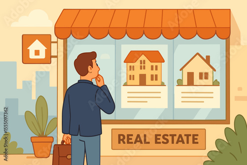 Real estate agency storefront with businessman choosing property, housing market search, buying or renting home, cartoon vector illustration, residential listings, investment decision, urban cityscape