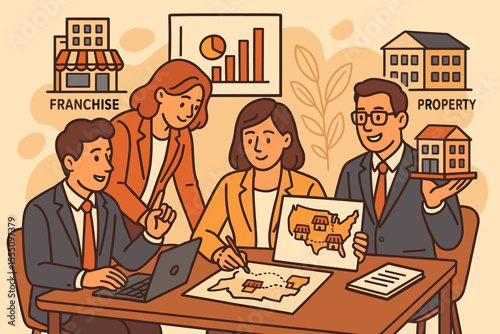 Real estate franchise team planning commercial property sales. Business strategy meeting, map analysis, investment, office teamwork, cartoon vector illustration, realty development concept USA