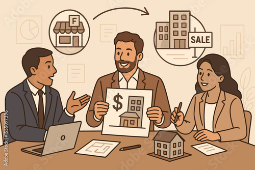 Real estate team planning franchise business sale, commercial property investment, office building transaction, business meeting, financial strategy, cartoon vector illustration