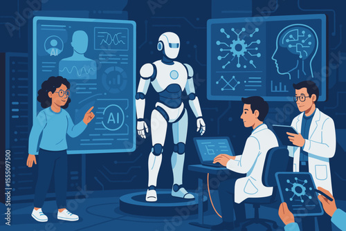 Futuristic laboratory scene with engineers developing advanced artificial intelligence, humanoid robot, digital interface screens, machine learning technology, innovation, teamwork, science research
