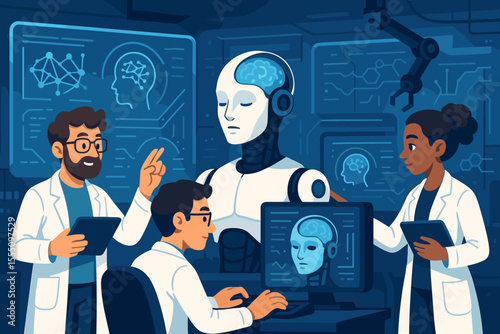Robotics engineers collaborating with humanoid robot in futuristic laboratory. Artificial intelligence development, neural networks, machine learning, advanced technology research, vector illustration