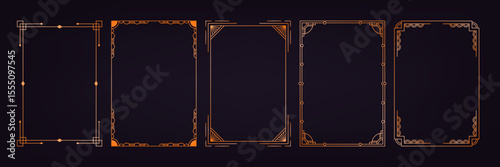 Art deco frames. Elegant line ornament borders, luxury gold decorative labels for wedding invitation card, simple thin modern geometric antique vintage frame elements. Vector gold set